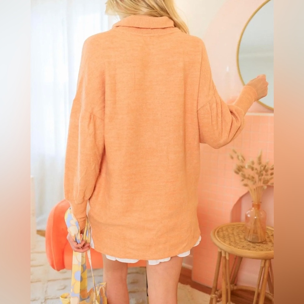 LAST ONE! Super Soft Orange Juliette Sleeve Knit Turtleneck Sweater With Pockets - Picture 2 of 3